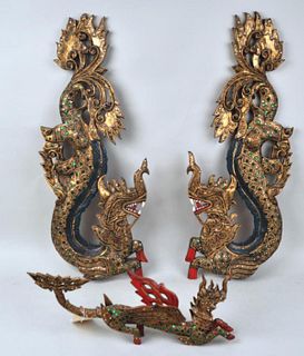 Pair Thai Inlaid Giltwood Dragon Plaques