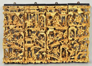 Four Chinese Carved Giltwood Panels, 20th C.