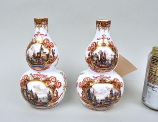 Pair Dresden Porcelain Double Gourd Form Vases
