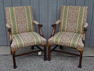 Pair Chippendale Style Upholstered Arm Chairs