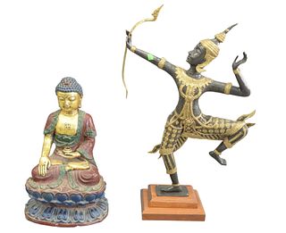 Two Piece Lot to include a Bronze Figure of the Hindu God Rama as an Archer, mounted on two-tiered wood base, unsigned, height 27 1/4 inches, width 18