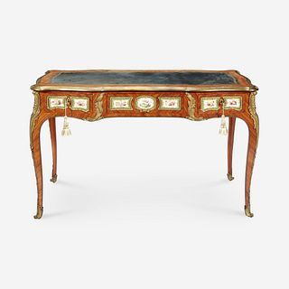 A Louis XV Style Gilt-Bronze and Sèvres Style Porcelain-Mounted Kingwood Bureau Plat With the mark of Edward Holmes Baldock, early 19th century