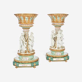 A Large Pair of Tiche Louis XV Style Hand-Painted Porcelain Figural Centerpieces 20th century