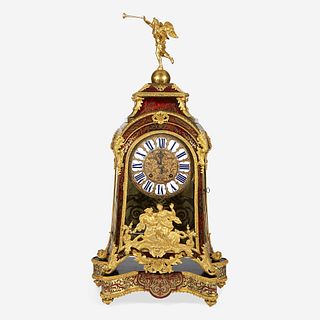 A Louis XIV Ormolu-Mounted Brass-Inlaid Red Tortoiseshell Boulle Marquetry Mantel Clock on Stand* 18th century with later alterations and additions, L