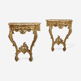 A Pair of Louis XV Style Pier Tables with Marble Tops
