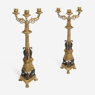 A Pair of Empire Gilt and Patinated Bronze Three-Light Candelabra 19th century