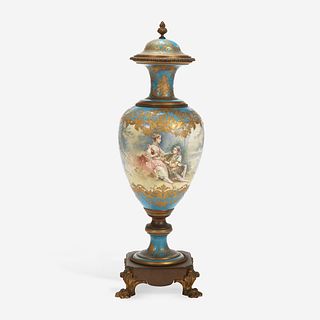 A Sèvres Style Porcelain Gilt-Bronze Mounted Hand-Painted Covered Vase Signed F. Bellanger