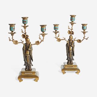 A Pair of French Enameled and Gilt Metal Figural Candelabra Early 20th century