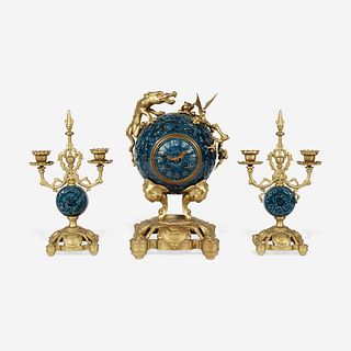 A Chinese Style Enameled Porcelain and Gilt-Bronze Mounted Clock Garniture 20th century