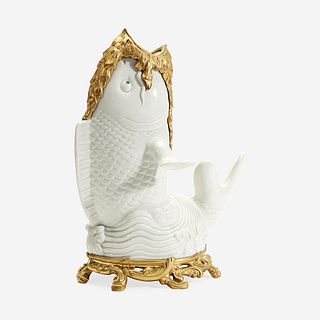 A Japanese Gilt Bronze-Mounted White-Glazed Koi-Form Vase The porcelain possibly Hirado