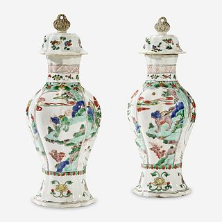A Pair of Chinese Famille Verte-Decorated Porcelain Baluster Vases and Covers Kangxi period
