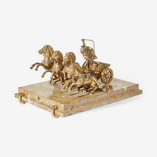 A Continental Gilt and Silvered Metal Model of a Roman Quadriga Led by a Charioteer