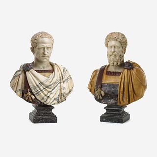 Two Carved Varicolored Marble Busts of Roman Emperors Italian, late 19th/early 20th century