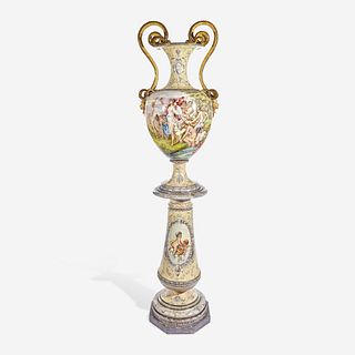 A Large Italian Majolica Twin-Handled Urn on Conforming Pedestal Probably Cantagalli, dated 1898
