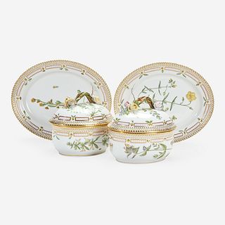 A Pair of Flora Danica Porcelain Small Tureens and Covers and Underplates Modern