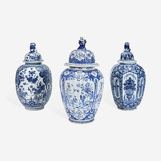 Three Dutch Delft Blue and White Jars with Covers 18th/19th century