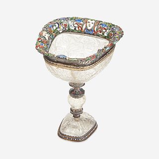 An Austrian Silver Gilt and Enamel Mounted Etched Rock Crystal Cup Mark of Karl Rössler, Vienna, late 19th century