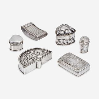 A Group of Six English Silver Boxes Various dates and makers