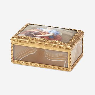 A Continental Gold-Mounted Agate and Enameled Snuff Box Likely early 19th century