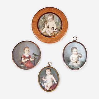 Continental, Spanish, and Italian School 19th Century A group of four portrait miniatures of children with animals and flowers