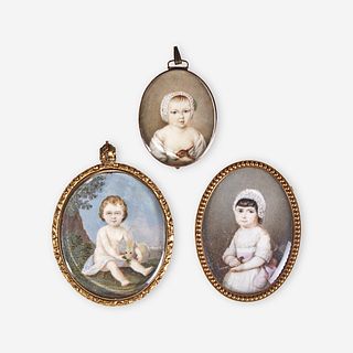 English and American School 18th/19th Century A group of three portrait miniatures of children holding animals