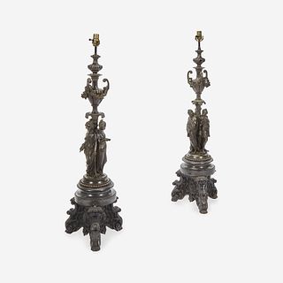 A Pair of Baroque Revival Bronze Figural Candelabra Mounted as Lamps 19th Century
