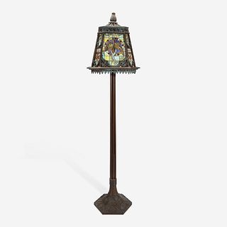 An Arts & Crafts Style Patinated Bronze and Stained Glass Standard Lamp 20th century