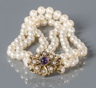 English Three-Strand Pearl Bracelet With Amethyst Clasp