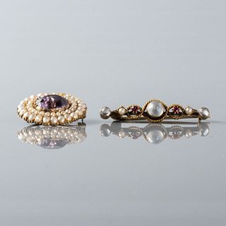 Amethyst-Pearl & Moonstone-Pearl Gold Brooches