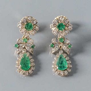 Pair of 14kt White Gold Emerald & Diamond Earrings