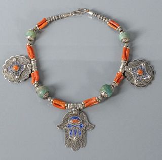 Silver Gold Coral & Enamel (Hamsa) Necklace