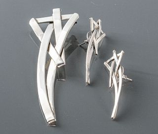 Drop-Stud Silver Earrings & Matching Brooch