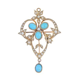 An early 20th century 9ct gold turquoise and split pearl pendant. Of openwork design, the oval turqu
