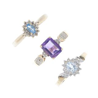 A selection of three 9ct gold diamond and gem-set rings. To include an amethyst ring with diamond tr