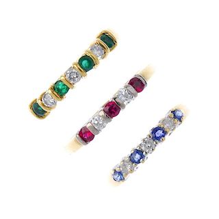 A selection of three 18ct gold diamond and gem-set rings. To include a ruby and diamond five-stone r