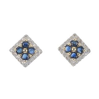 A pair of 9ct gold sapphire and diamond ear studs. Each designed as a circular-shape sapphire square