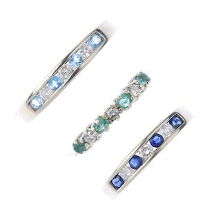 A selection of three 9ct gold diamond and gem-set rings. To include an alternating brilliant-cut dia