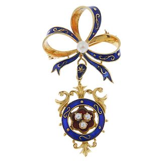 A cultured pearl and enamel brooch. The seed pearl trefoil and red enamel scalloped panel, within a