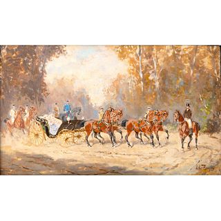 Signed Adi B. Oil on Wood Painting Stagecoach Scene