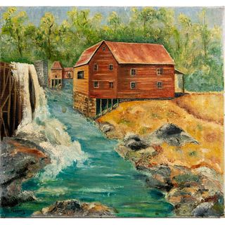 Vintage D Postman Oil On Canvas Painting, Stilt Houses