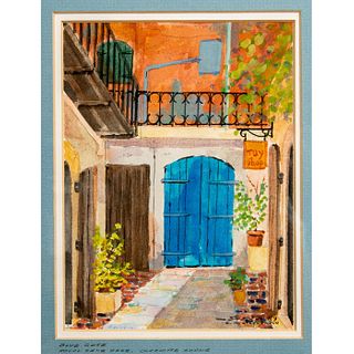 Framed Steve Stephenson Watercolor Painting, Blue Gate