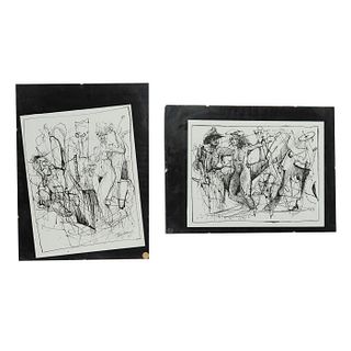 2pc Ink Sketch, Man and Nude Woman, Signed