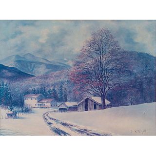 Framed B. Mitchell Lithograph, House And Barn In Snow