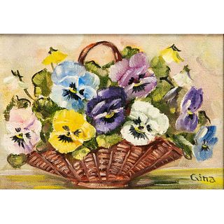 Framed Gina Floral Painting, Basket Of Flowers