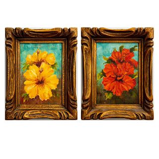 2 Framed Flower Paintings, Hibiscus, Signed