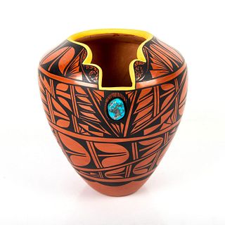 Native American Pottery Vase with Turquoise Stone Center