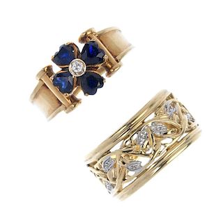 Two 9ct gold dress rings. The first designed as a synthetic sapphire floral cluster ring with bar si