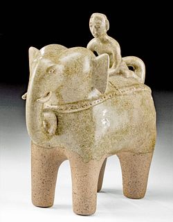 Thai Sawankhalok Glazed Pottery Elephant & Rider