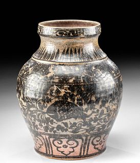 15th C. Thai Sawankhalok Pottery Jar w/ Painted Motif