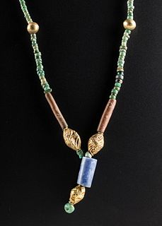 Necklace w/ Moche Gold, Jade, Turquoise, Coral Beads